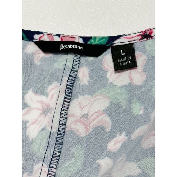 Betabrand Women's Floral Wrap Side Tie Bell‎ Sleeve Blouse Navy Pink Size Large - Picture 9 of 11